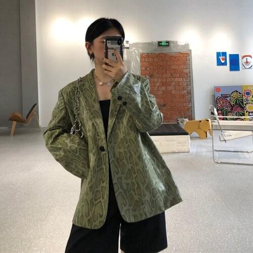 Fashion Faux Suede Snake Print Blazer Spring Autumn 2021 Loose Casual Notched Collar Single Button Long Sleeve Autumn Streetwear