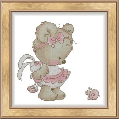 Cross Stitch Kit Chinese Embroidery Printed Cloth Material bag DIY Handmade Powder Skirt Bear Cartoon