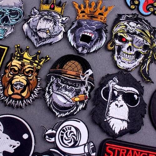 Punk/Skull Patch Orangutan Iron On Patches For Clothes King Bear Patch Dog Embroidered Patches For Clothing Plague Doctor Stripe