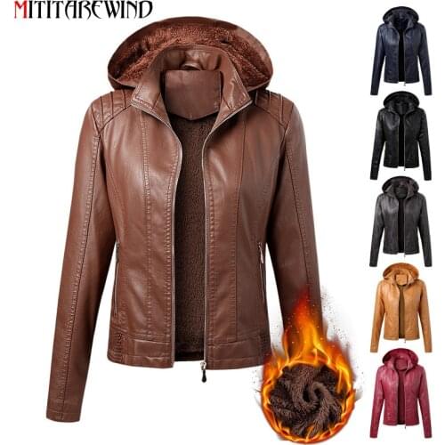New Winter PU Leather Jacket Women Velvet Keep Warm Leather Coat Women Fashion Hooded Collar Windbreaker Short Female Jacket