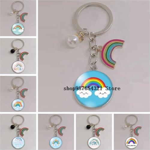 New smile colorful rainbow keychain glass cabochon pendant keychain childrens jewelry gift for her