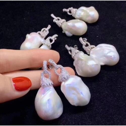 One pair zircon and white freshwater pearl reborn keshi drop hook earrings FPPJ wholesale beads for xmas gift
