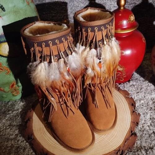 Autumn and winter new style handmade cowhide tassel feather high long tube flat-bottomed womens cotton shoes snow boots