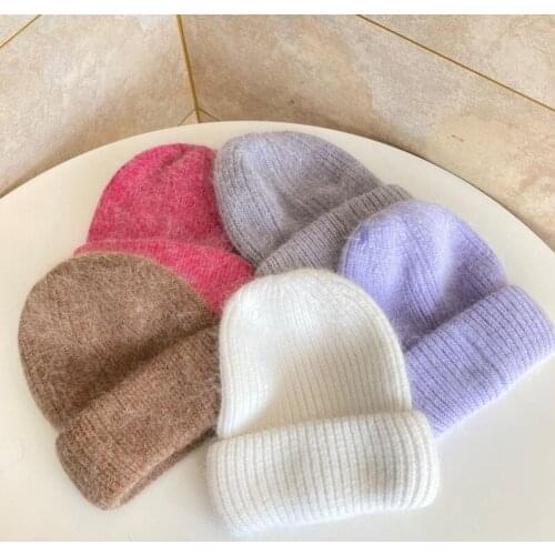 Autumn Winter Rabbit Hair Winter Hat Warm Beanies Hats Casual Women Solid Adult Cashmere Knitted Beanie Hat With Bright Wire