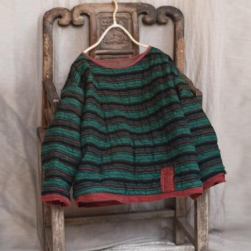 Women Loose Retro Striped Parkas Female Tops Female Stripe Patchwork Vintage stripes Padded Tops 2019