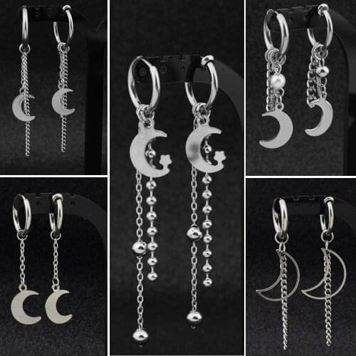 Korea New Men Punk Earrings Stainless Steel Hipster Rock Moon Chain Pendant Ear Clip Guys Hip Hop Women Boys Stud Earring Unisex