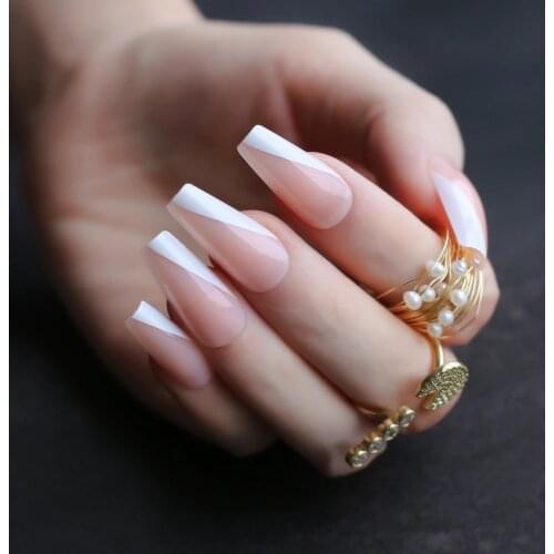 Super long Nude French Line Tips shiny Stiletto fake nails medium almond art nails pink Coffin Salon French glossy false nails