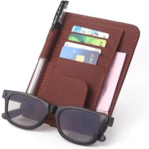 Universal Car Sun Visor Clip Sunglasses Credit Card Pen Holder Multi function Storage Bag Holder PU Leather Case Cards Clip