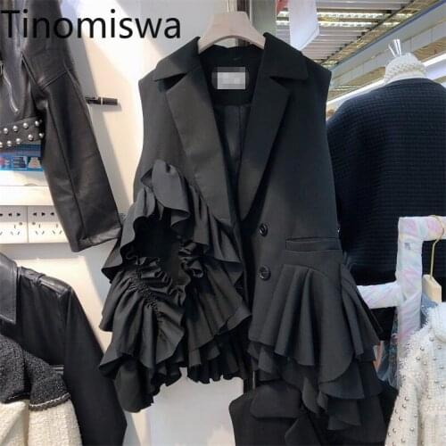 Tinomiswa 2021 Spring New Outerwear Layers Ruffles Design Fashionable Loose Fashion Black Blazer Vest Women Ruched Casual Coats