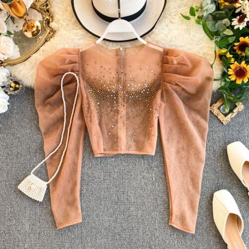 XIKOI Women Sexy See Through Puff Sleeve Mesh Tops And Blouses Women Colorful Crystal Crop Top Party Tops Blusas Mujer