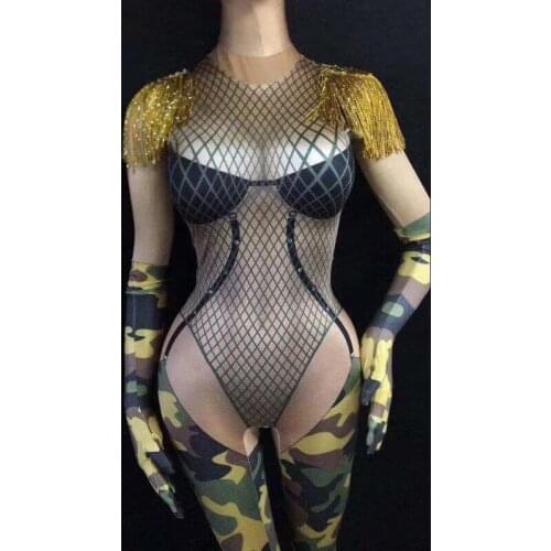 Female Model Rings Acrobatics Singer Camouflage Printed Long Jumpsuit Women GoGo Dance Stage One-piece Costumes DJ352