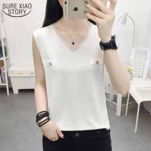 Korean Style Outside Wear 2021 Summer Silk Camisole Knit Low Waist Thin Loose Womans Shirts Solid Womans Blouses 9692
