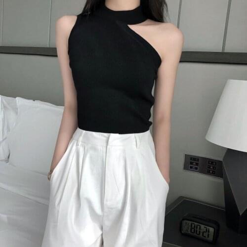 Women Off Shoulder Sleeveless Tee Shirts Sexy Hanging Neck Knitted T-shirt Summer Slim T Shirts Tops