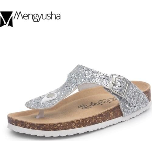 Black/silver glitter cork sandals 2019 women summer sequined beach slipper flip flops sandals shoes flat with plus size 45 c464