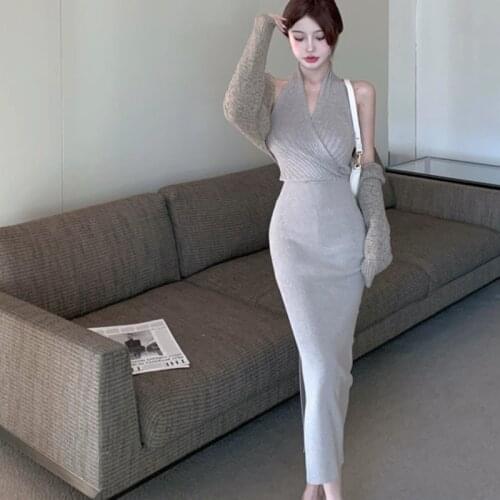 New Autumn Winter Korean Fashion Casual 2 Piece Set Women Shawl Coat + Sexy Halter Strapless Bodycon Long Sweater Dress Suits