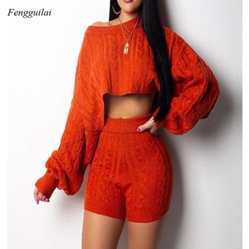 2021 Fall Womens Sweater Set Solid Color Long Sleeve Top Shorts Round Neck Knitted Set Womens Casual Homewear Set