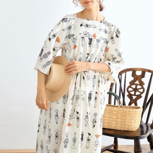Johnature 2021 New Japanese Print Big Pockets Dress For Women Summer Square Collar Tie Loose Half Sleeve Female Dresses
