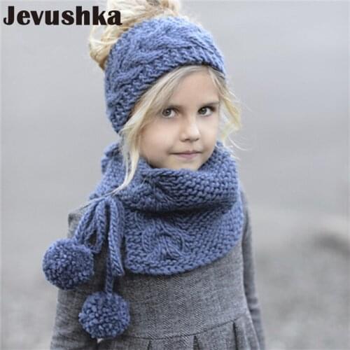 Winter Knit Girls Hat and Scarf Set Pompom Ponytail Hats Scarves Girl Head band For Kids Knit Beanie Hat Cotton HT039
