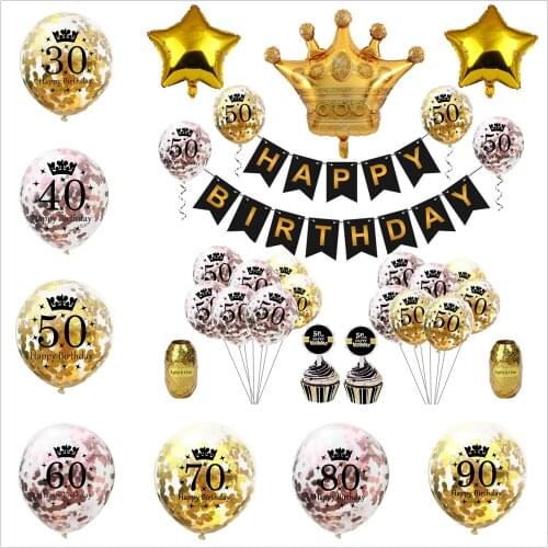 Gold Happy Birthday Crown Number 50 Confetti Balloon Banner For 30th 40th 50th 60th Adult Birthday Party Decorations Supplies