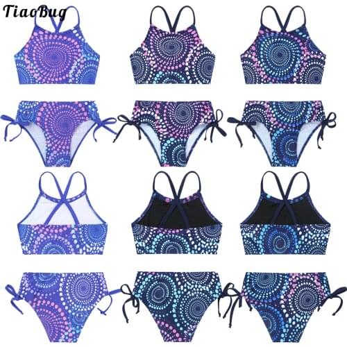 Summer Girls Beach Sport Bodysuit Halter Tankini 2Pcs Geometric Print Swimsuit Bathing Suit Tank Tops+Briefs Bikini