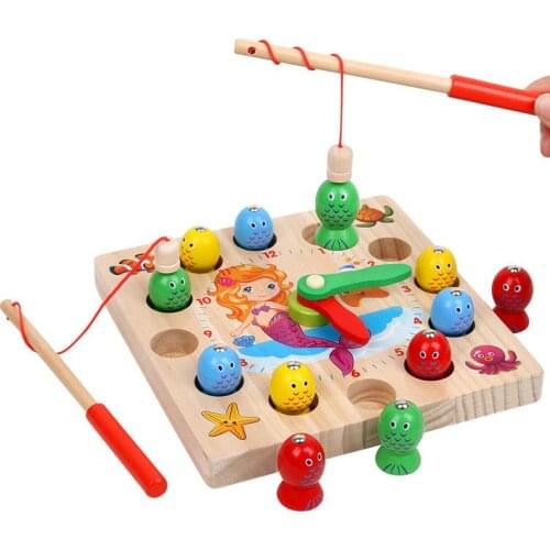 Childrens Montessori Wooden Educational Toys Baby Child Baby Puzzle Magnetic Digital Clock Two In One Magnetic Fishing Kids Toy