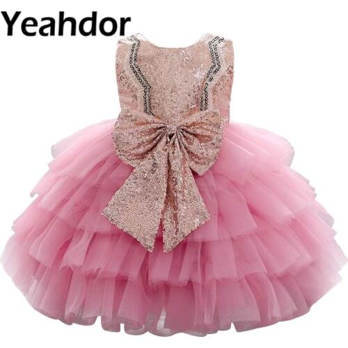 Kids Girls Sparkly Sequins Flower Girl Dress Bowknot Princess Baby Girls Birthday Dresses Vestido Wedding Party Baptism Dress