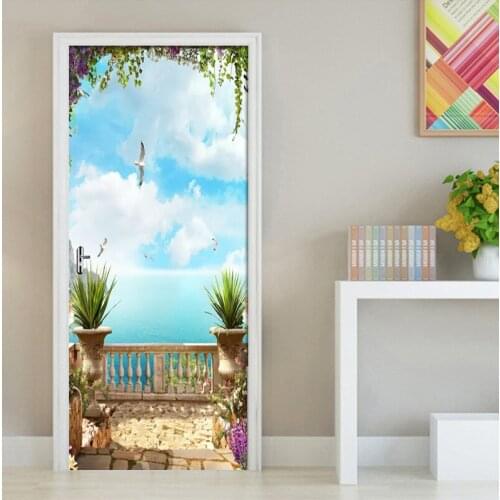 Door Sticker Tools Door Wallpaper Door Decoration 3D European Sea Sky Scenery Mural Home Door Living Room PVC Self-adhesive