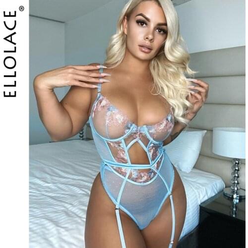 Ellolace Floral Sexy Hollow Out Bodysuit Lace Embroidery Transparent Underwire Bra Backless Lingerie Body Patchwork Bodycon Top