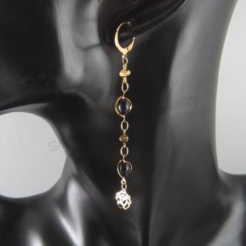 Foromance / EARRING FLOWER PATTERN WIDTH BLACK BEADS DANGLER TALL 80 MM 3.15" WIDTH 8 MM 0.31" - YELLOW GOLD GP