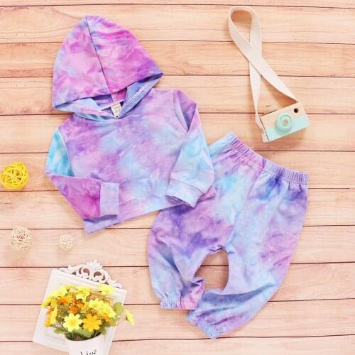 2 Pcs Toddler Baby Girl Autumn Outfit Tie-Dyed Long Sleeve Hoodie Top+ Elastic Waist Pants Outfits Girls Clothing 1-6 Years
