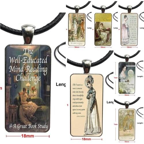 Book Jane Austen Fashion Glass Cabochon Pendant Rectangle Necklace Choker Necklace Jewelry For Women Kids