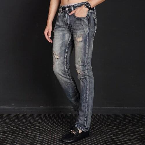 Fashion Men Jeans Slim Fit Patchwork Destroyed Ripped Jeans Italian Vintage Designer Pants Streetwear Hip Hop Jeans Homme