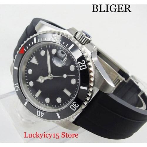 BLIGER Brand Simple 40mm Men Automatic Wristwatch Sapphire Glass Date Function Ceramic Bezel Rubber Strap MIYOTA Movement