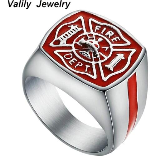 Valily Jewelry Mens Ring FIRE DEPT Design Ring Stainless Steel Fashion Red Enamel Rings Men Finger Band anillos Silver Black