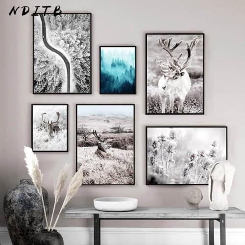 Snow Winter Forest Deer Nature Landscape Poster Nordic Canvas Print Wall Art Painting Scandinavian Decoration Picture Home Decor