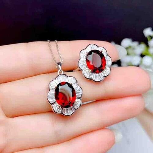 Natural Garnet Jewelry Sets for Women Party Necklace and Ring Fine Jewelry Oval Cuted Gemstones Gifts S925 January Birthstone