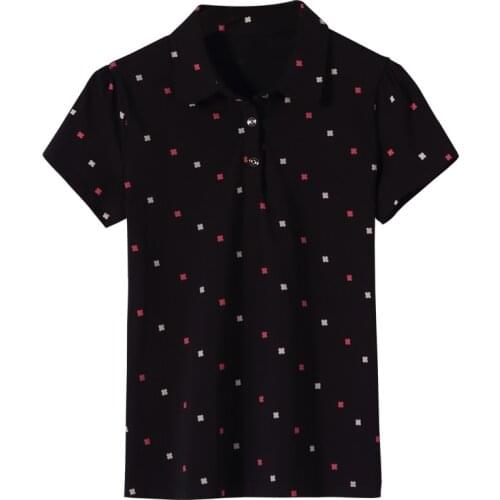 2021 summer new short-sleeved slim womens lapel printed wild polo shirt casual cotton large size shirt