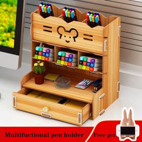 Pen Organizer Desk Pencil Wooden Multi-Functional Stationary Holder With 9 Compartments Home Office Art Supply Rack With Drawer
