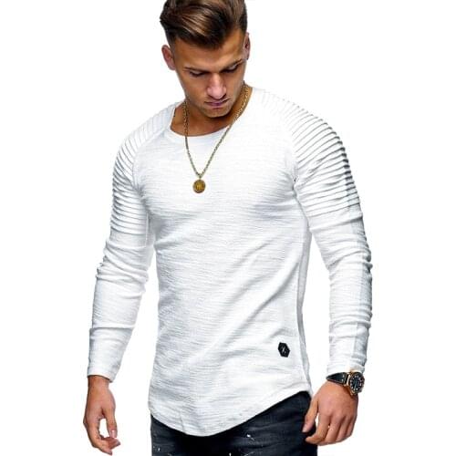 Autumn and Winter Mens Casual Pleated Slim Long-Sleeved T-Shirt Bottoming Shirt Fashion Large Size High Stretch