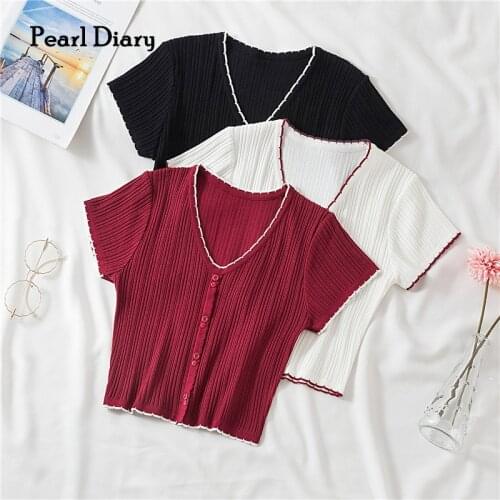 Pearl Diary Knitted TShirts Women V-Neck Short Sleeve Buttoned Up Flounce Hem Casual Streetwear Crop Tees For Women Tops Summer