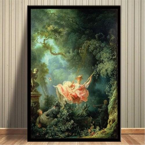 Famous Rococo Canvas Painting The Swing by Fragonard Posters and Prints Wall Art Picture for Living Room Home Decoration Cuadros