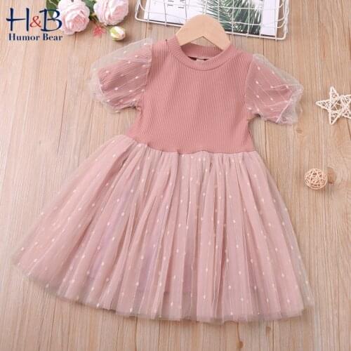 Humor Bear Girls Dress NEW Summer Short-Sleeve Mesh Yarn Patchwork Sequins Cute Toddler Kids Clothes
