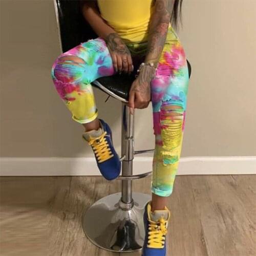 2020 Tie Dye Ripped Jeans for Women High Waisted Denim Hollow Out Skinny Womens Clothing Plus Size Fashion Female Trousers
