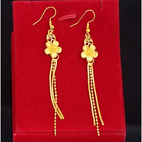Real 18K Yellow Gold Tassels Flower Drop Earring for Women Romantic Wedding Jewelry Luxury Gift