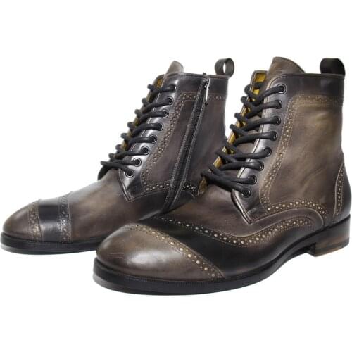 SHENBINS Handmade Mid Calf Classic Olive Boots with Hand-dyed Patina and 5.5 MM Double Leather Sole, Mens Luxury Fashion Sale