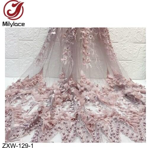 Embroidered French Tulle Lace Fabric with Stones and Beads Light Mesh African Net Lace Fabric for Wedding 5Yards/Lot ZXW-129