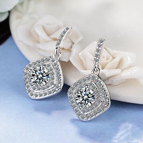 Authentic Real Silver Color Vintage Allure Clear CZ Stud Earrings Women Wedding Jewelry Femme Brincos