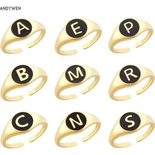 ANDYWEN 925 Sterling Silver Letter A-Z Enamel Black Resizable Rings Women Luxury Jewelry Round Fine Jewelry For Party Jewels