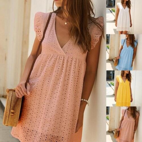 Beautiful Mini Dress Streetwear Waist Tied Butterflies Sleeve Women Solid Color Lace V Neck Large Hem Dress for Summer Dating
