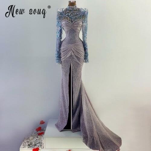 Luxurious Front Split Beaded Evening Dress High Neck Long Sleeve De Soiree Robe Women Prom Party Gown Sparkly Mermaid Dresses